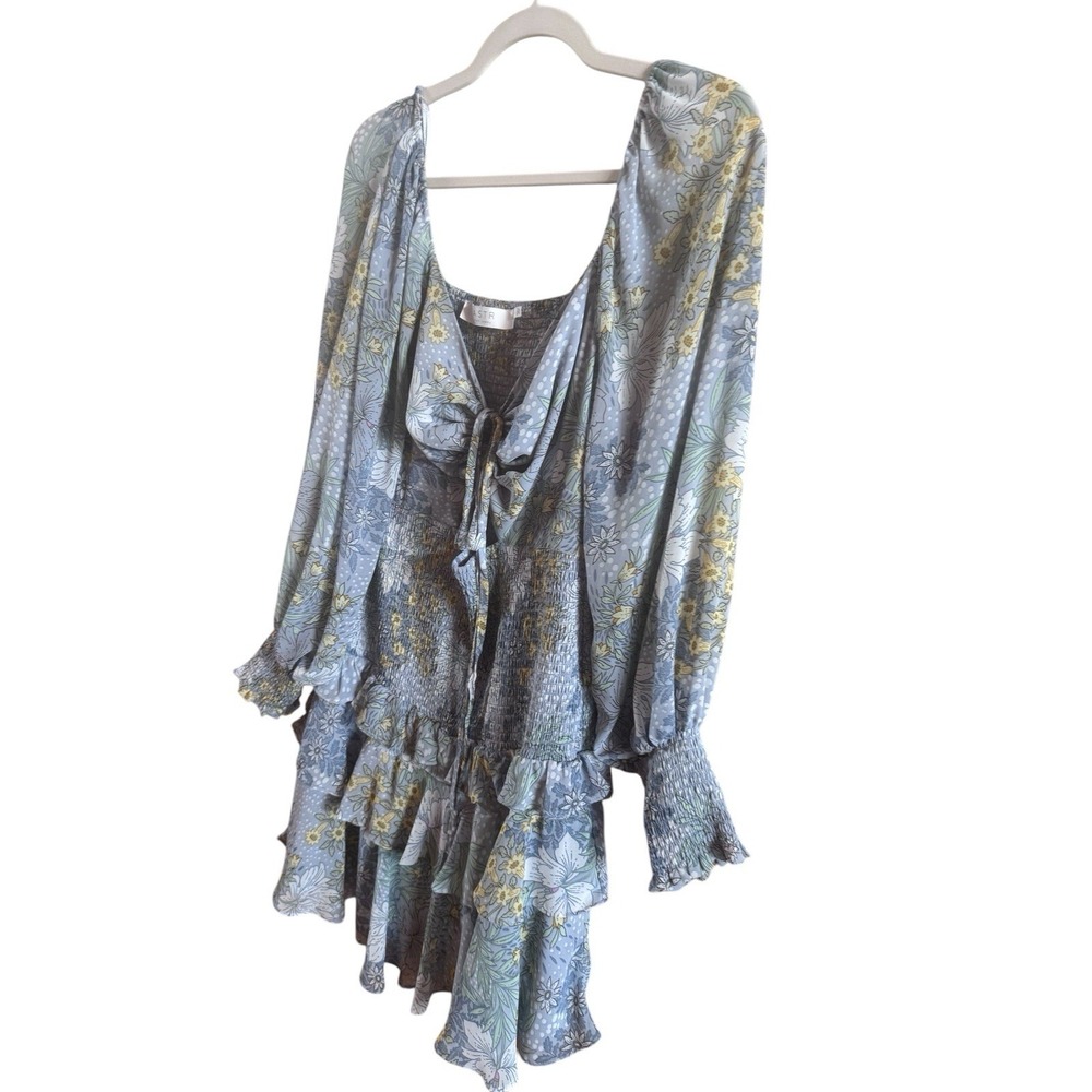 Astr The Label Marietta Blue Floral Tiered Ruffle Mini Dress Smocked Size Large - Picture 2 of 14